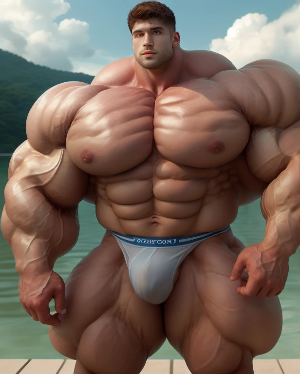 1 men, giant, buzz haircut, model shoot style, looking at camera, standing up, cool ambience, outdoor, commercial photoshoot, large ocean, strong body, bulk, naked, white triangular underwear, prominent bulge trunks, big, brutalmass, giant, muscular body, bulk, massive body, large meaty body size, brown skin