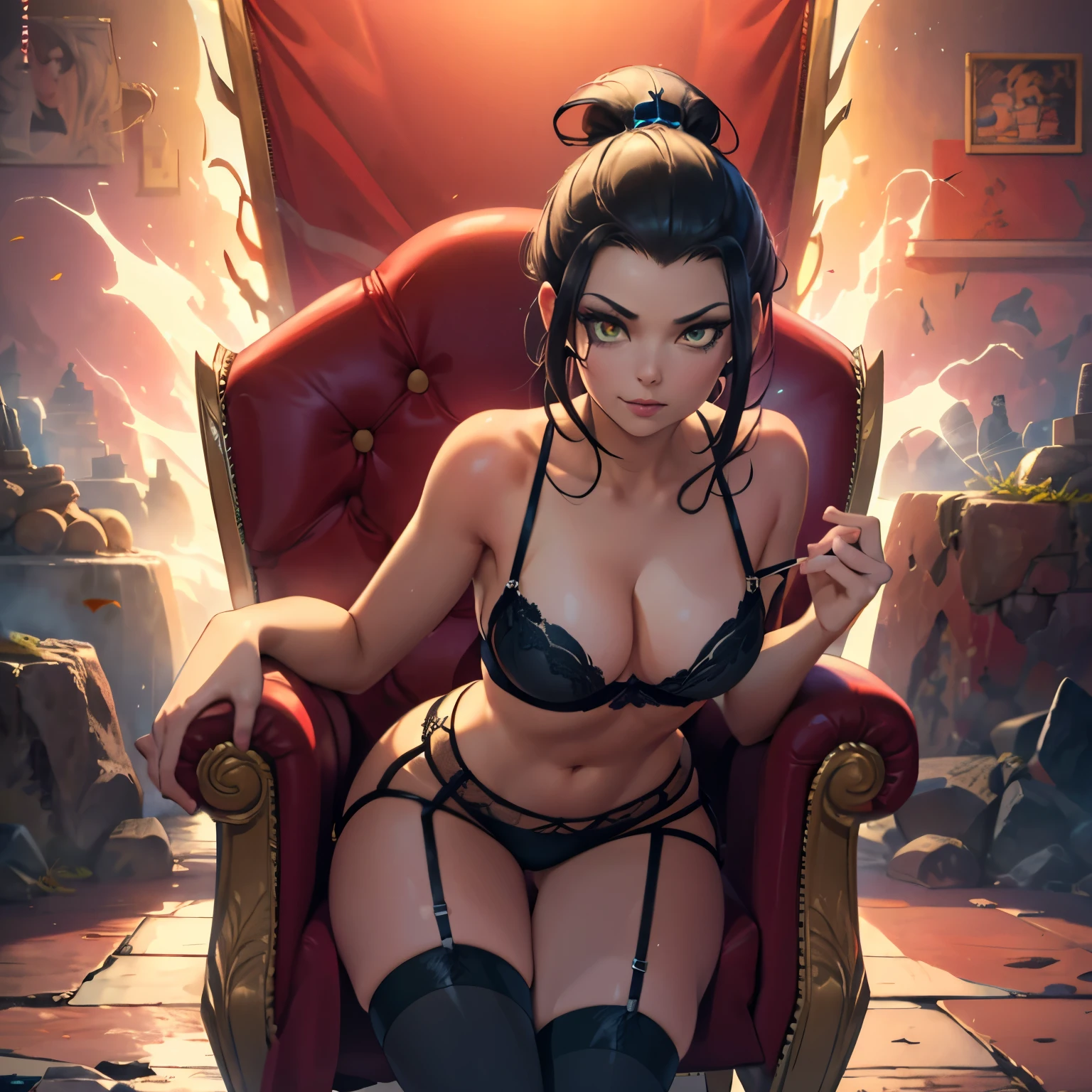 (masterpiece), best quality, expressive eyes, perfect face, Azula, 30 year old women, facing towards screen  parted lips  feminine figure body wearing bikini and shorts,v shape under , thigh socks, lingerie,beautiful expressive eyes ,  4k backlighting, smirky face , on chair