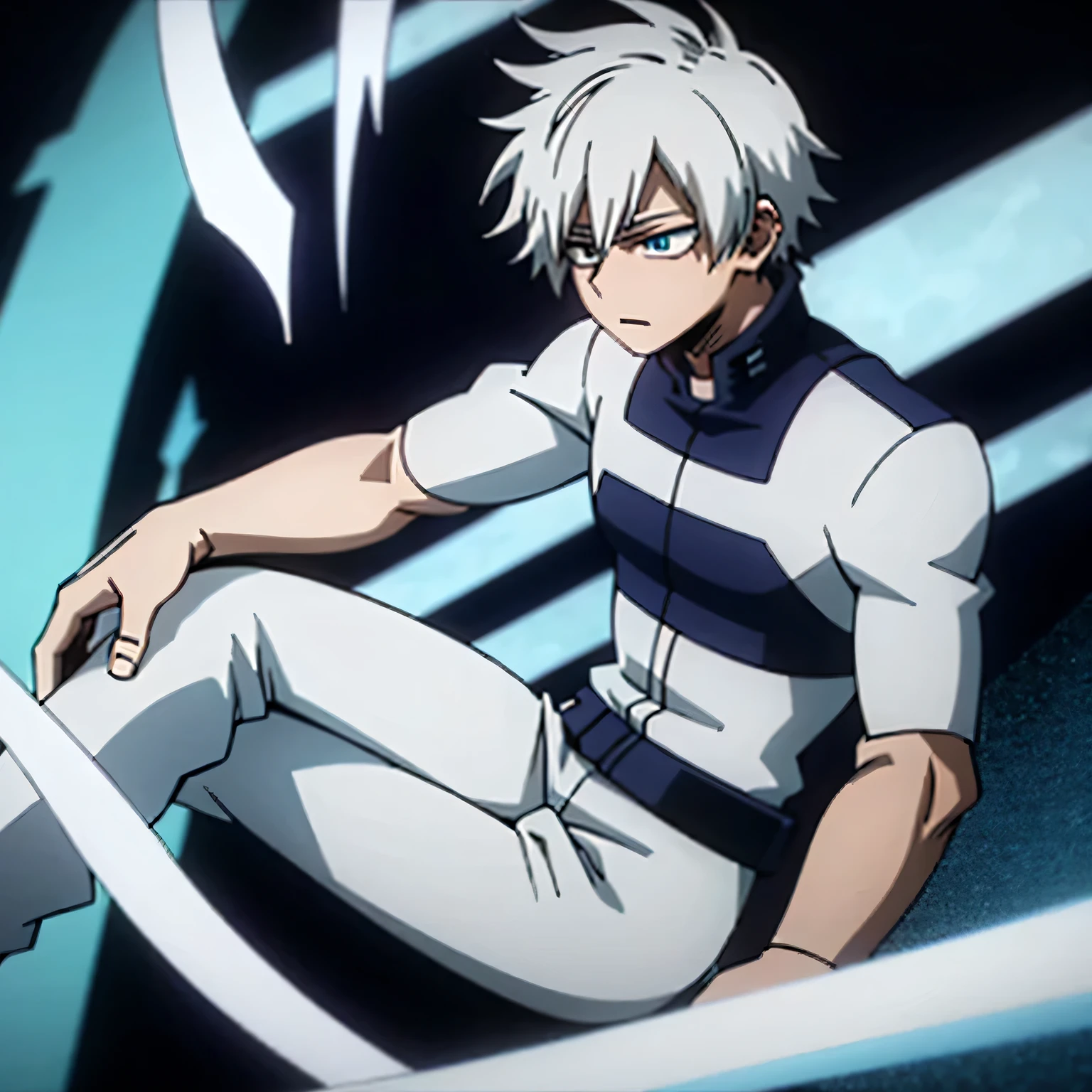1boy, short hair, white hair, blue eyes, white jacket, white fur on the shoulder, blue pants, boots, ice