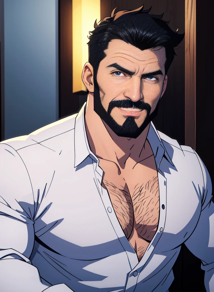 1 daddy lad, solo touching , muscular male, daddy 37yo, macho, large hairy pectorals, male focus, middle-aged man, seductive face, black hair, short hair, a strand of hair on forehead, blue eyes,nasty smiling, down view of chest, white formal shirt, upper body shot, night pub, ((masterpiece))