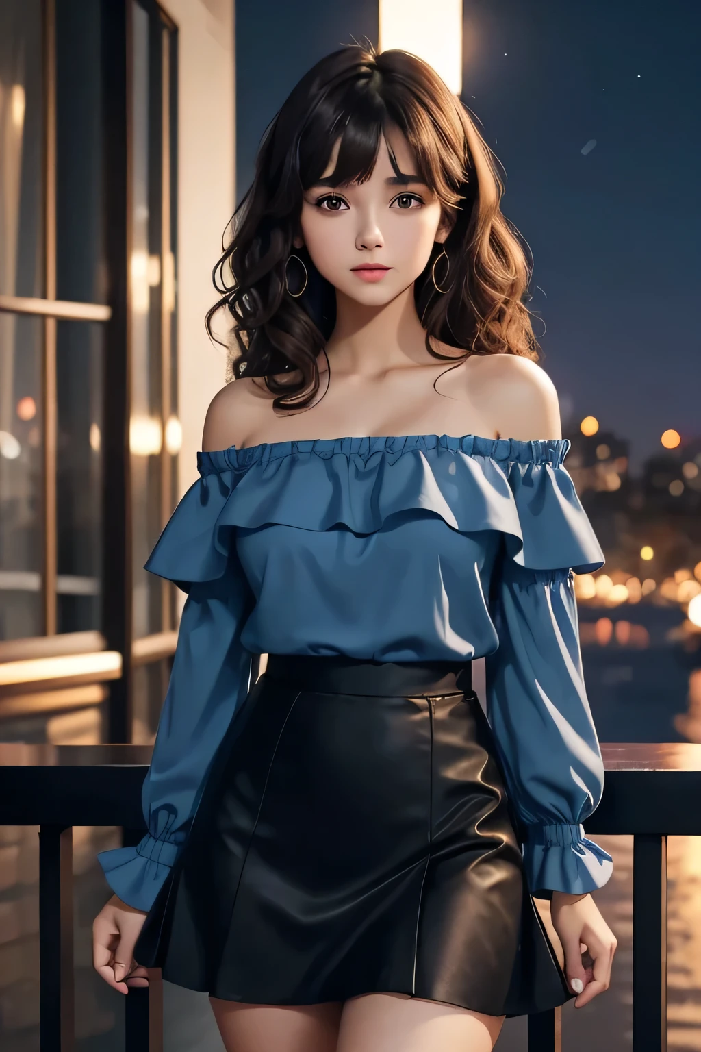 A young girl with brown curly hair and straight bangs, fair skin, and a slim build. She is wearing an elegant blue off-the-shoulder, long-sleeved blouse; A very pretty short black ruffle style skirt,Background is a beautiful night view