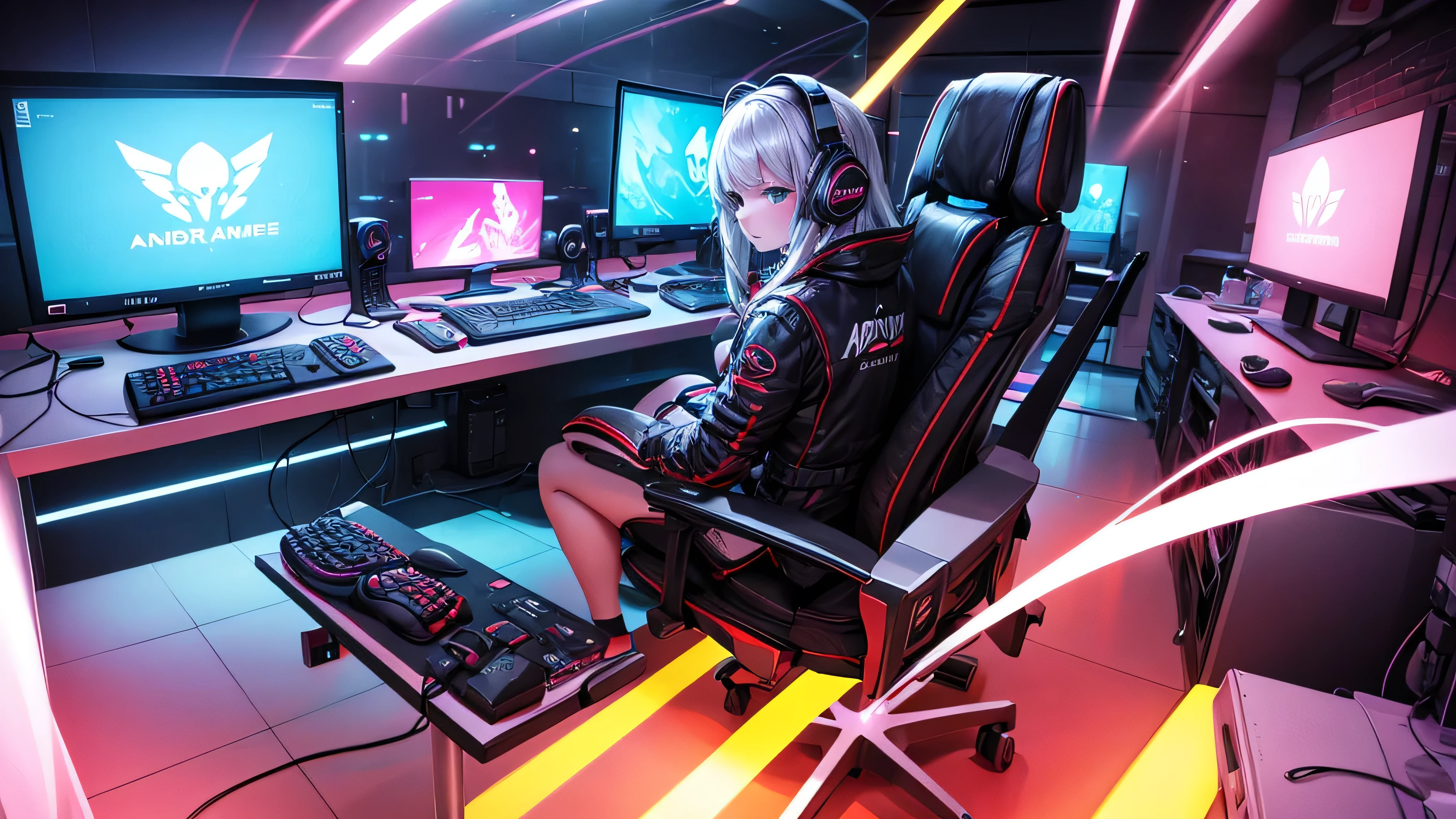 A girl playing computer games,leather gaming chair,high-end computer setup,gaming headphones,illuminated RGB keyboard,mouse with adjustable dpi,clean and organized gaming desk,comfortable setup,serious expression,concentrated facial expression,bright and colorful computer screen,multi-monitor setup,stylish and trendy gaming outfit,backlit gaming mousepad,minimalist background,modern and sleek gaming setup,ergonomic gaming mouse,high refresh rate display,fast reaction time,competitive gaming atmosphere,professional gamer,dedicated gaming room,in-game action,immersive gaming experience,high-performance gaming PC,high-quality graphics,rapid mouse movements,fast-paced gameplay,precise mouse accuracy,efficient key inputs,high frame rate,seamless gaming performance,vibrant and dynamic visuals,advanced gaming technology,competitive gaming setup,fluid animation effects,strong focus and concentration,professional esports player,competitive gaming championships.
