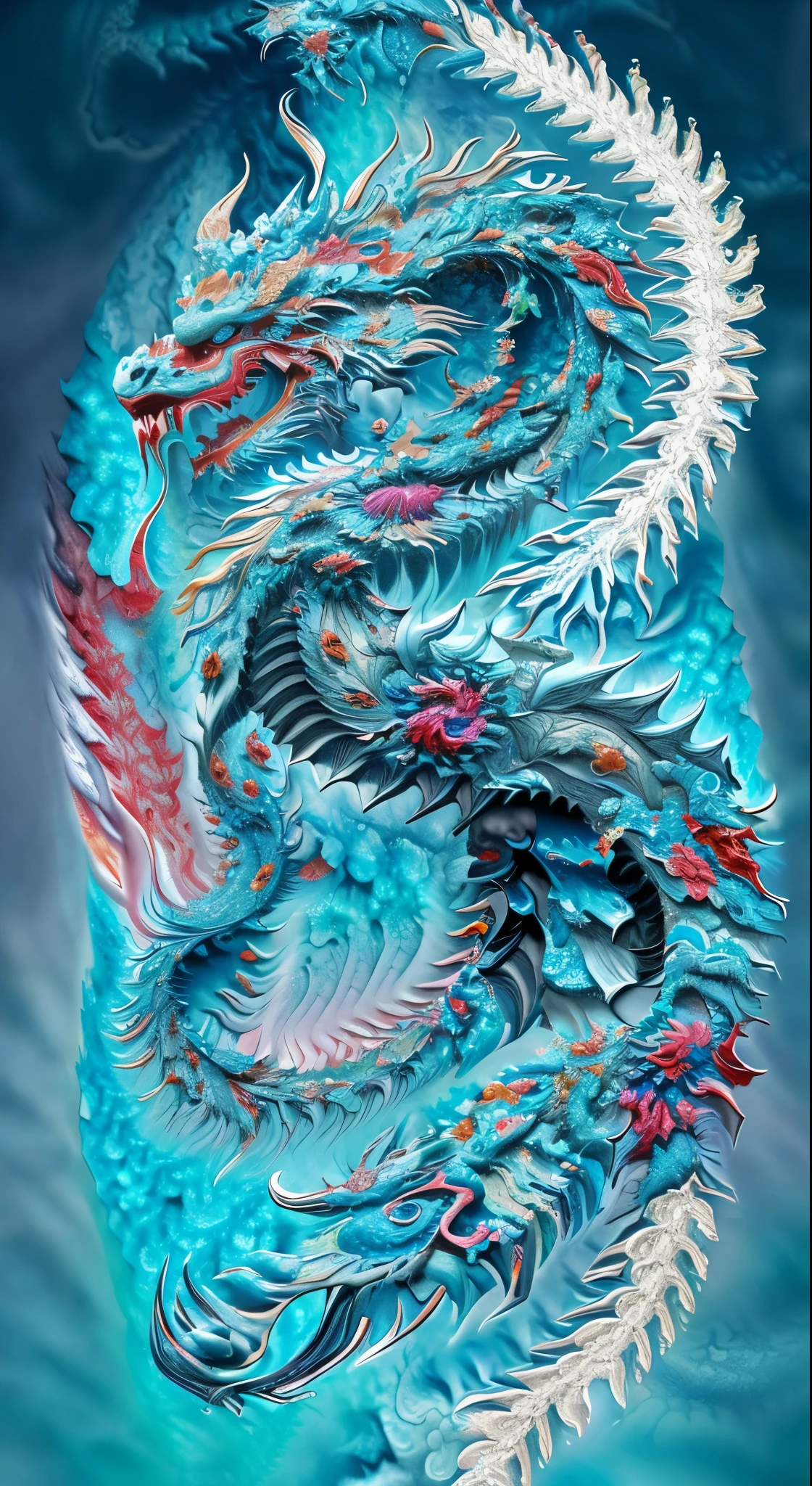 *8K masterpiece, highest quality, highest quality, Official Art, (Beauty and aesthetics: 1.3), Very detailed, (Fractal Art: 1.3), colorful, Ice and Chinese dragon, Serpentine body, nail, cyan and 1 Woman, Hanwomen&#39;s Media, Hanfu, cyan