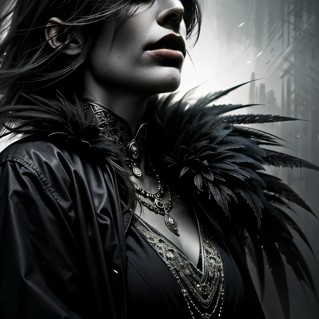 highest quality,Super detailed,Realistic,Black and White,photograph,Low Key Lighting,Fine feathers,Sharp focus,Gloomy atmosphere,Dramatic Shadows,Contrast,texture,Glamorous decoration,Fine Art Prints,High resolution,Monochrome,Impressive composition,Exquisite detail,high Contrast lighting,Heavenly Beauty
