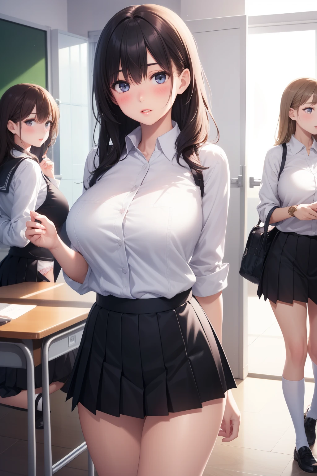 2girls, (multiple girls), natural lighting, masterpiece, highly detailed, illustration, game CG, absurdres, high quality, aichan, large breasts, beautiful detailed eyes, detailed hair, glossy lips, blush, (school), white shirt, black pleated miniskirt, looking at eacher, (panties:0.8),