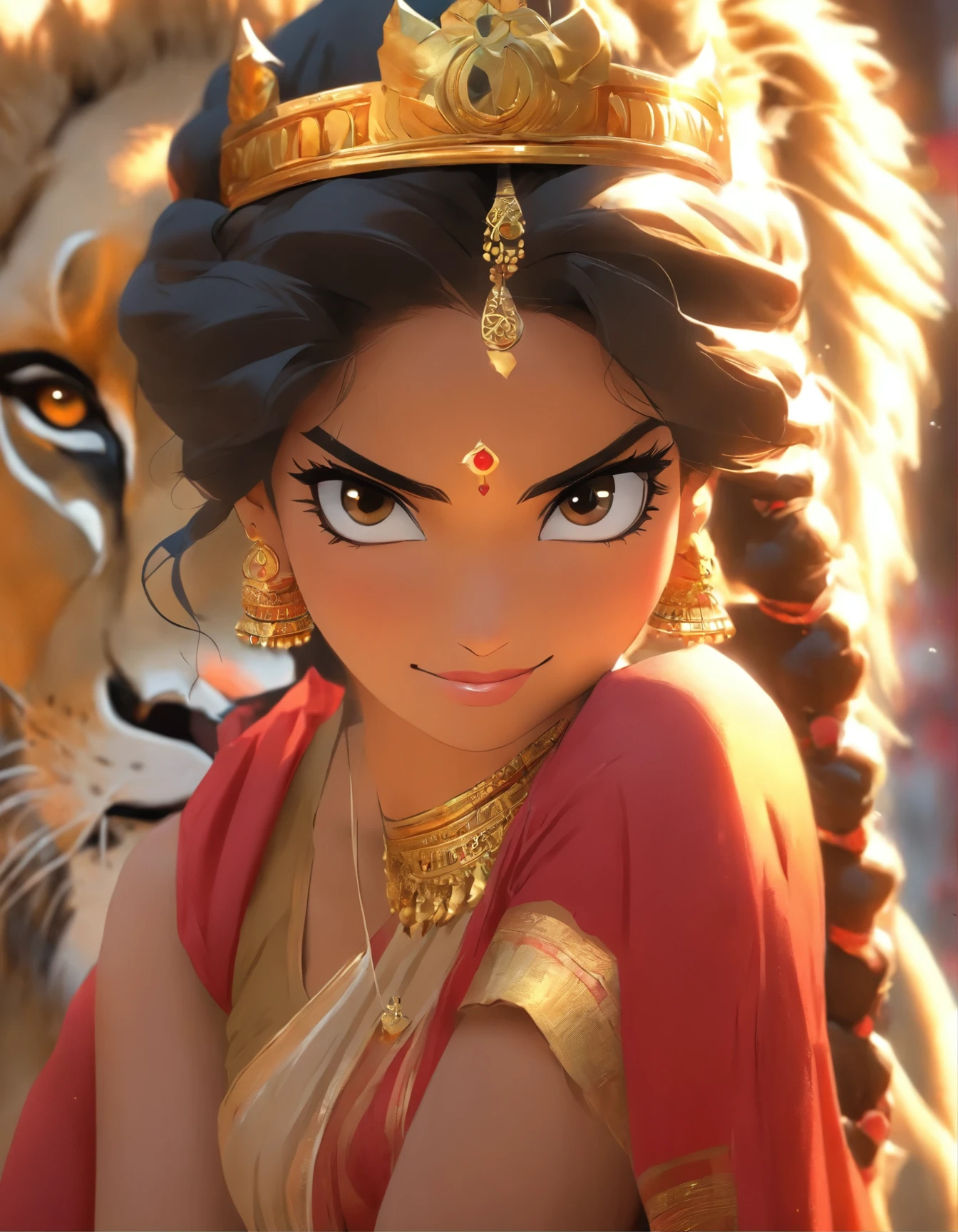 A beautiful south Indian woman (30 yrs old) in red saree with golden border, wearing big golden crown, heavy bridal jewelry,red gold bangles, bindi ,aesthetic yellow blouse, very aesthetic look, (( long black hair ((black hair)) sitting on a huge lion (((lion))), (sitting), uhd, 32k, 16k, res, canon 85 mm, street art, over the shoulder camera view, hyper realistic, unreal engine 5, beautiful representation of art and ai, use vibrant colors, beautiful eyes beautiful face, ((indian woman face)))