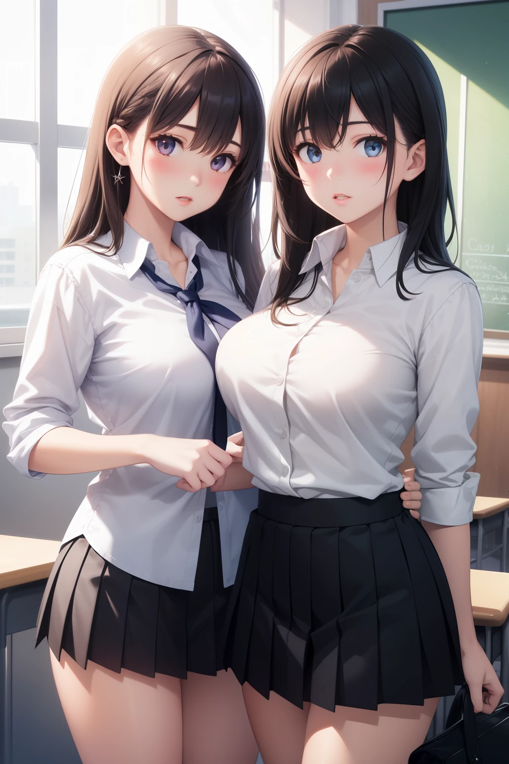 2girls, (multiple girls), natural lighting, masterpiece, highly detailed, illustration, game CG, absurdres, high quality, aichan, large breasts, beautiful detailed eyes, detailed hair, glossy lips, blush, (school), white shirt, black pleated miniskirt, looking at eacher, (panties:0.8),