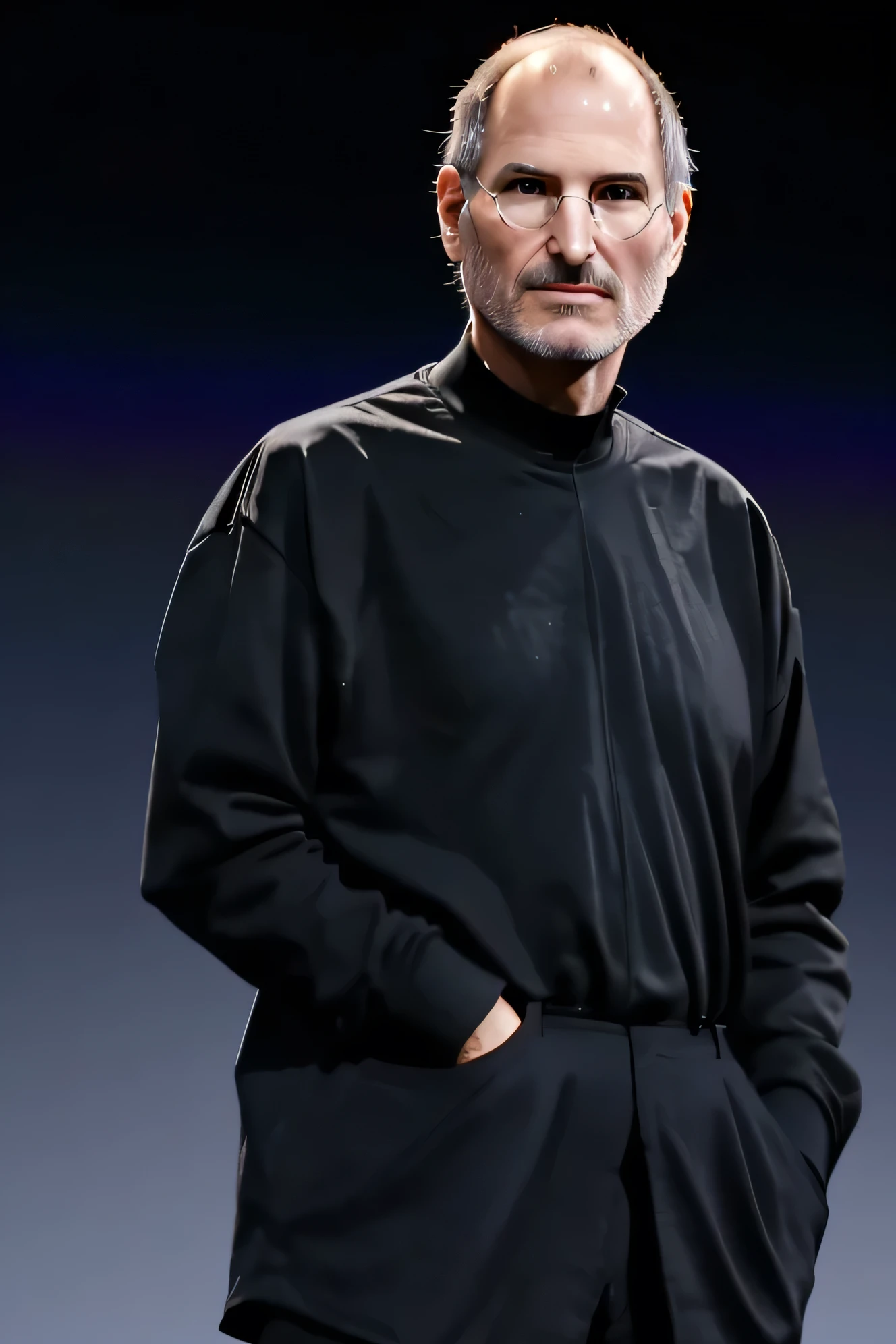 Apple former CEO Steve Jobs, detailed representation of the face, detailed background, random pose, wearing his signature tuxedo, high resolution, detailed random background