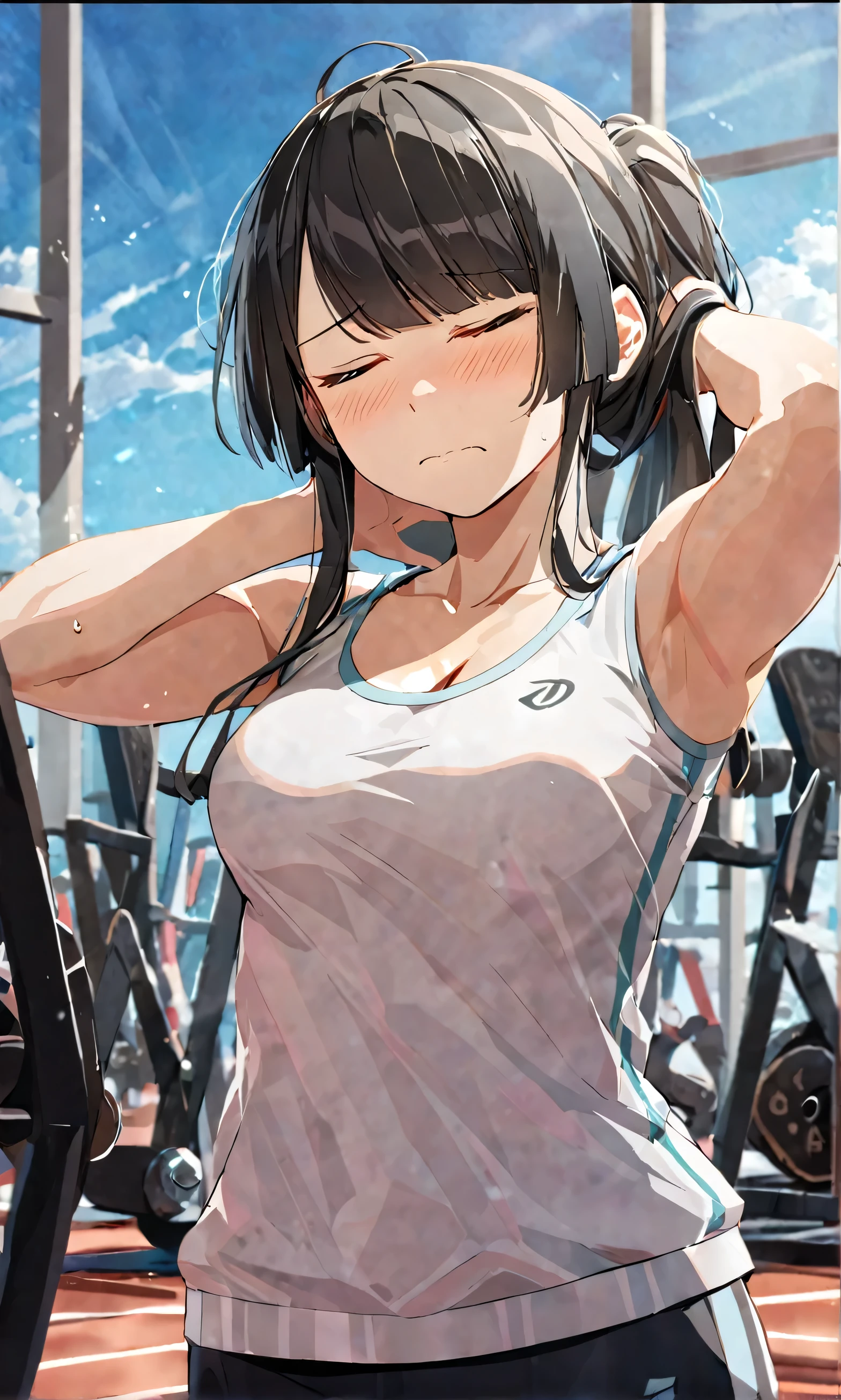 masterpiece,best quality, solo, eda, bangs, black hair, blue sky,cloud, shy expression, blushing expression, embarrassed expression, medium breast, hot, thicc, she is embarassed , she has a medium chest, she is wearing a gym outfit ,she is looking at you, closed mouth, cleavage, upper body , she is looking down on you, she is in the gym, she is working out, she is wearing sports, she is wearing white sando, she is fit, she is looking at the viewer, upper body, dynamic pose, dinamic view angle, detailed, she is tying her hair, she is super shy, she is embarrassed, closed eyes