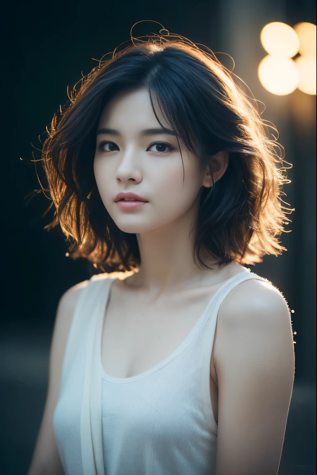 (realistic:1.3), finely detailed, quality, rembrandt lighting, (masterpiece:1.2), (photorealistic:1.2), (best quality), (detailed skin:1.3), (intricate details), dramatic, ray tracing, 1girl, japanese girl, 21 years old, detailed skin texture, (blush:0.5), (goosebumps:0.5), subsurface scattering, smiling, medium breasts, short hair curls, bangs, hair between eyes, wet hair, (white office shirt, shirt tucked in:1.2), wet, see-through, Bra visible through clothes, bra, (outdoors, heavy rain, portrait shot),