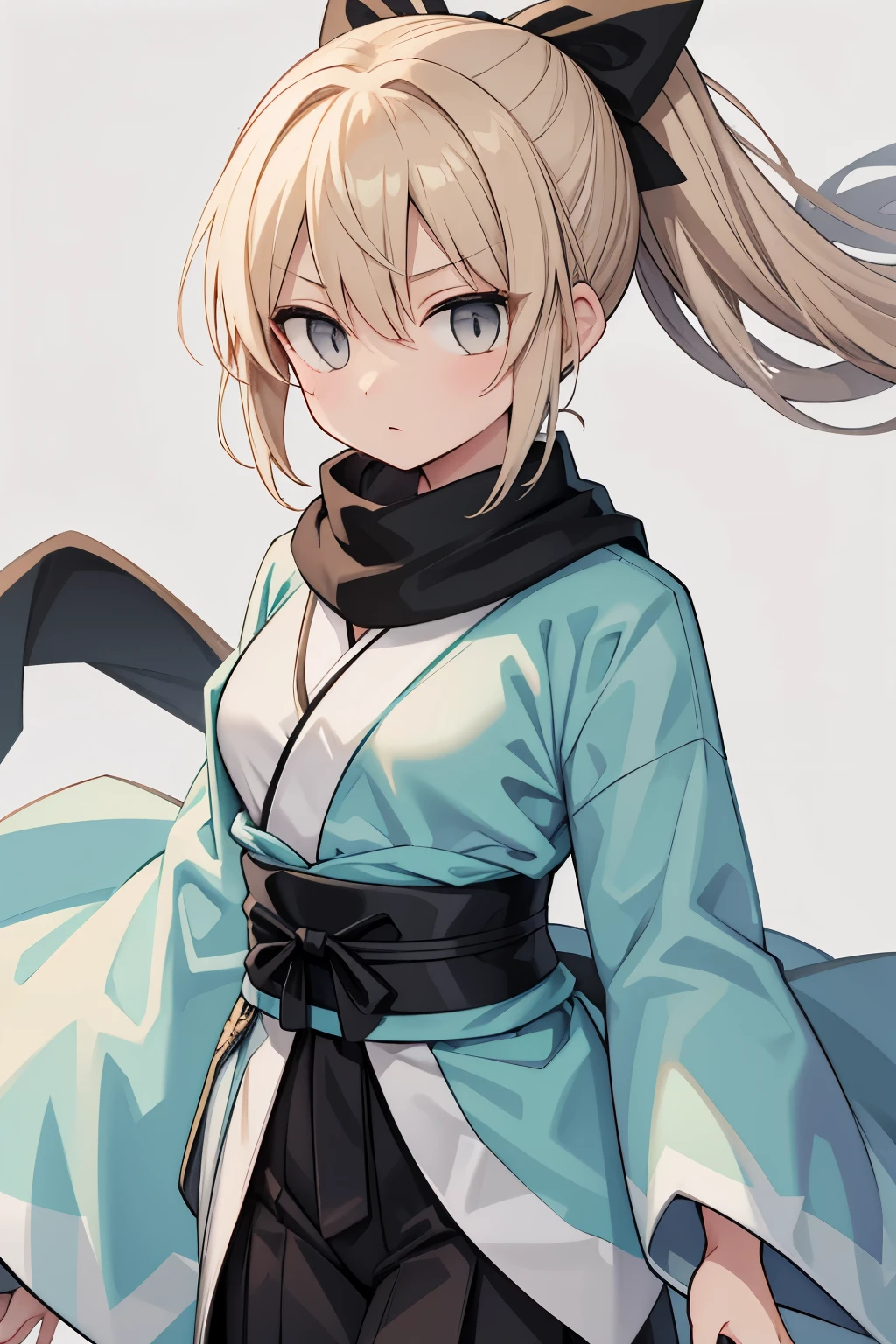 Short blonde hair, golden eyes, black ribbon ponytail, slanted eyes, white kimono for girls, Shinsengumi, gray hakama, black scarf 