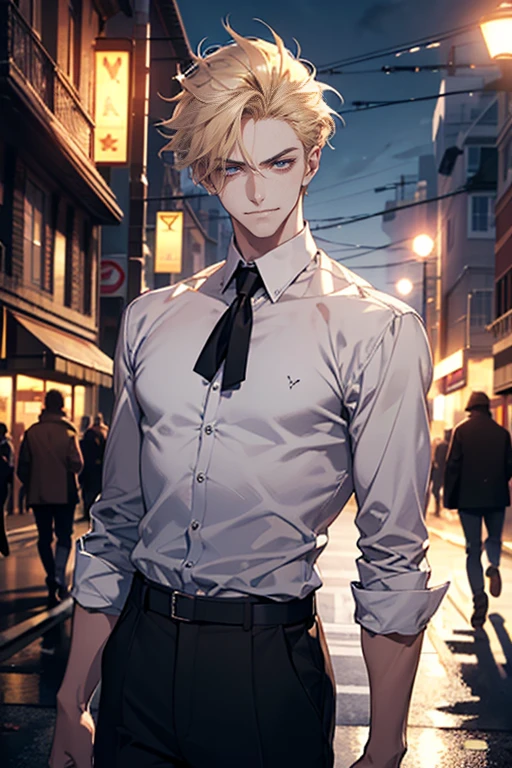 (tmasterpiece, high resolution, ultra - detailed:1.0), (1 boy, Young male, masculine face), Perfect male body, tall and strong, Adult male, Delicate eyes and delicate face, Extremely detailed CG, Unity 8k wallpaper, Complicated details, Detailed face, (blond hair, messy hair, serious faces, white shirts,Bad students), (frown,evil smile:1.3), Outdoor, (Street at night), street style, color difference, Depth of field, dramatic shadow, Ray tracing, Best quality, Cinematic lighting, offcial art,Portrait