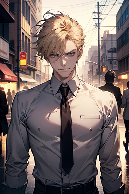 (tmasterpiece, high resolution, ultra - detailed:1.0), (1 boy, Young male, masculine face), Perfect male body, tall and strong, Adult male, Delicate eyes and delicate face, Extremely detailed CG, Unity 8k wallpaper, Complicated details, Detailed face, (blond hair, messy hair, serious faces, white shirts,Bad students), (frown,evil smile:1.3), Outdoor, (Street at night), street style, color difference, Depth of field, dramatic shadow, Ray tracing, Best quality, Cinematic lighting, offcial art,Portrait