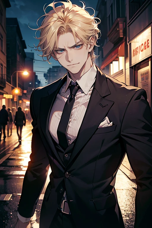 (tmasterpiece, high resolution, ultra - detailed:1.0), (1 boy, Young male, masculine face), Perfect male body, tall and strong, Adult male, Delicate eyes and delicate face, Extremely detailed CG, Unity 8k wallpaper, Complicated details, Detailed face, (blond hair, messy hair, serious faces, white shirts,Bad students), (frown,evil smile:1.3), Outdoor, (Street at night), street style, color difference, Depth of field, dramatic shadow, Ray tracing, Best quality, Cinematic lighting, offcial art,Portrait