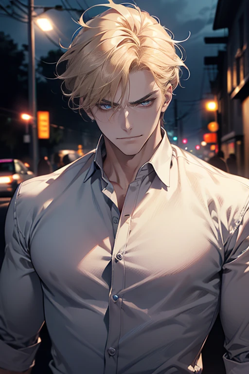 (tmasterpiece, high resolution, ultra - detailed:1.0), (1 boy, Young male, masculine face), Perfect male body, tall and strong, Adult male, Delicate eyes and delicate face, Extremely detailed CG, Unity 8k wallpaper, Complicated details, Detailed face, (blond hair, messy hair, serious faces, white shirts,Bad students), (frown,evil smile:1.3), Outdoor, (Street at night), street style, color difference, Depth of field, dramatic shadow, Ray tracing, Best quality, Cinematic lighting, offcial art,Portrait