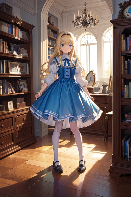 (8k, highest quality, Tabletop:1.2)、Ultra-high resolution、12 year old girl, Detailed face、blue eyes, blonde, Long Hair, Alice in Wonderland, Library_background、Big Clock、Large mirror