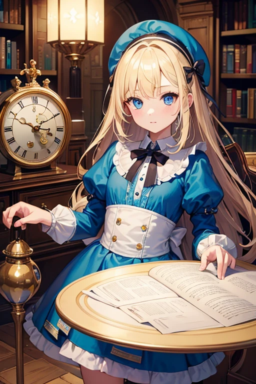 (8k, highest quality, Tabletop:1.2)、Ultra-high resolution、12 year old girl, Detailed face、blue eyes, blonde, Long Hair, Alice in Wonderland, Library_background、Big Clock、Large mirror