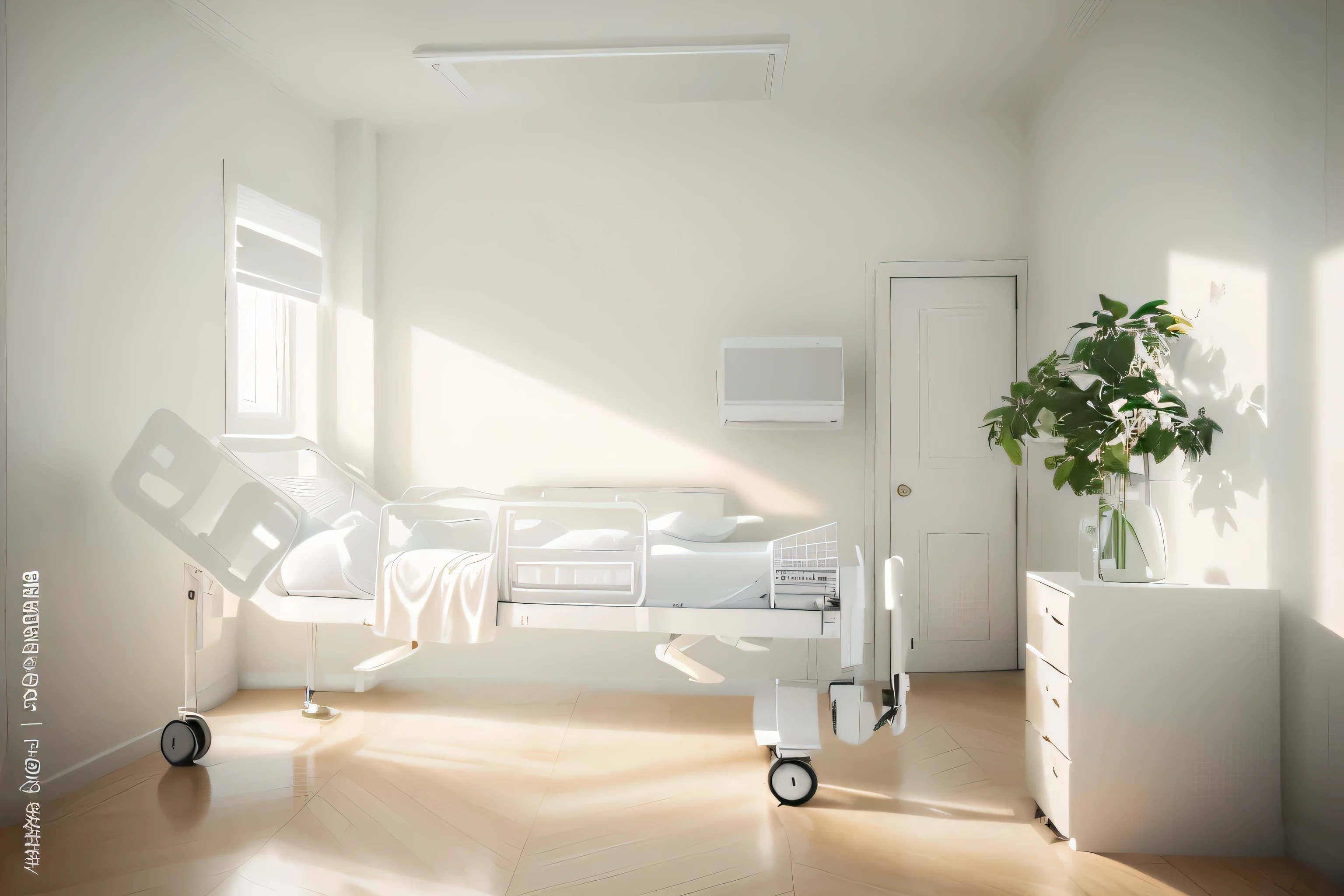 there is a white hospital bed with a flower in a vase, sterile minimalistic room, natural light in room, hospital room, hospital interior, interior background, a sunny bedroom, bright daylight indoor photo, photorealistic room, personal room background, photo of a beautiful, in hospital bed, ornate hospital room, bright render, with backdrop of natural light, bedroom interior