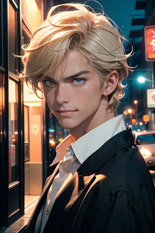 (tmasterpiece, high resolution, ultra - detailed:1.0), (1 boy, Young male, masculine face), Perfect male body, tall and strong, Adult male, Delicate eyes and delicate face, Extremely detailed CG, Unity 8k wallpaper, Complicated details, Detailed face, (blond hair, messy hair, serious faces, white shirts,Bad students), (frown,evil smile:1.3), Outdoor, (Street at night), street style, color difference, Depth of field, dramatic shadow, Ray tracing, Best quality, Cinematic lighting, offcial art,Portrait
