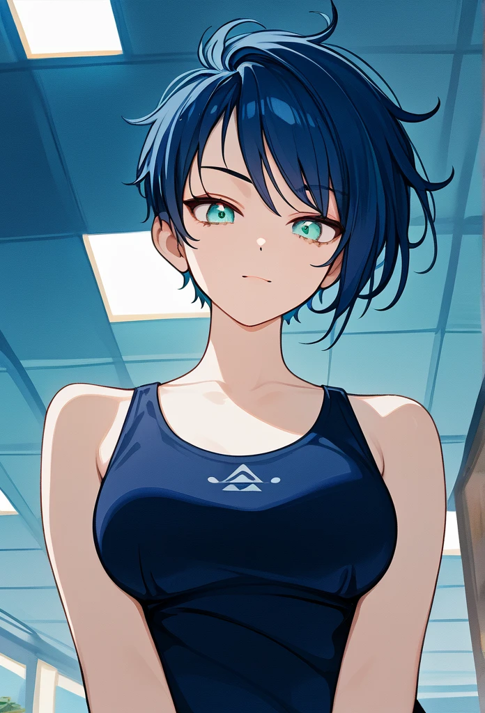 masterpiece, best quality, cowboy shot, view from below, 1girl, looking at viewer, cyan eyes, cool beauty, pixie cut hairstyle, dark blue hair, sharp eyes, mature face, slim body, casual clothes, cool face, slight smirk, tomboy, wild appearance, wild style