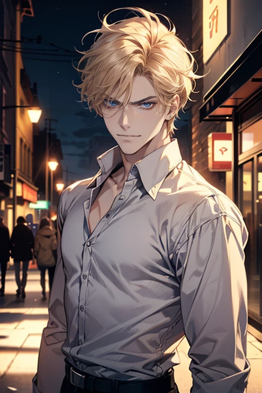 (tmasterpiece, high resolution, ultra - detailed:1.0), (1 boy, Young male, masculine face), Perfect male body, tall and strong, Adult male, Delicate eyes and delicate face, Extremely detailed CG, Unity 8k wallpaper, Complicated details, Detailed face, (blond hair, messy hair, serious faces, white shirts,Bad students), (frown,evil smile:1.3), Outdoor, (Street at night), street style, color difference, Depth of field, dramatic shadow, Ray tracing, Best quality, Cinematic lighting, offcial art,Portrait