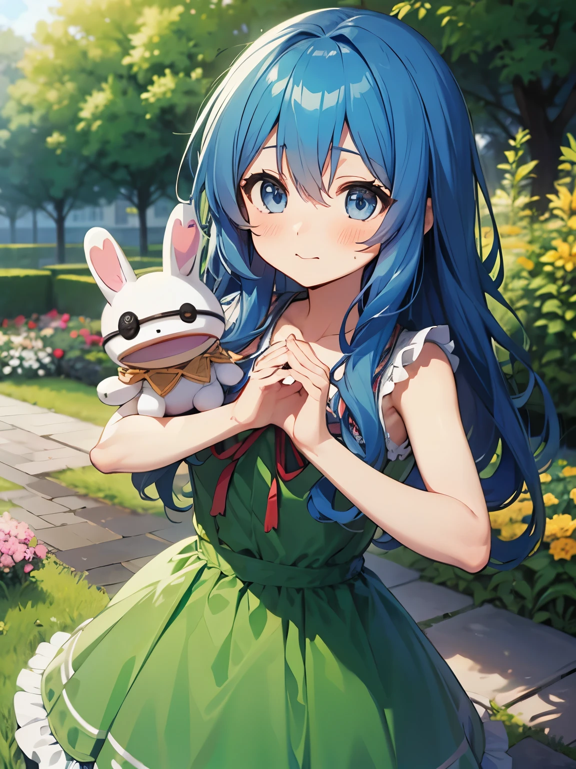 Yoshino Astral Dress、Long Hair、blue eyes、ribbon、Animal Ears、Hair between the eyes、Blue Hair,(Perfect hands),(Perfect Anatomy),(masterpiece),(highest quality),garden,Embarrassed,blush