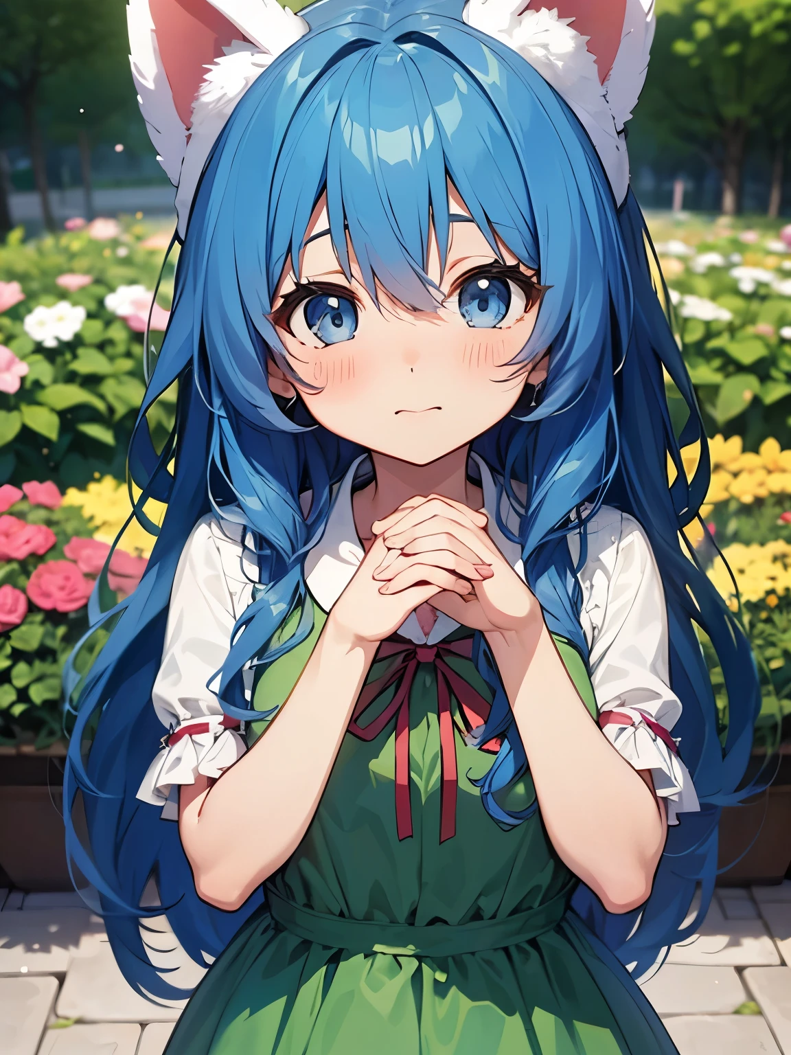 Yoshino Astral Dress、Long Hair、blue eyes、ribbon、Animal Ears、Hair between the eyes、Blue Hair,(Perfect hands),(Perfect Anatomy),(masterpiece),(highest quality),garden,Embarrassed,blush