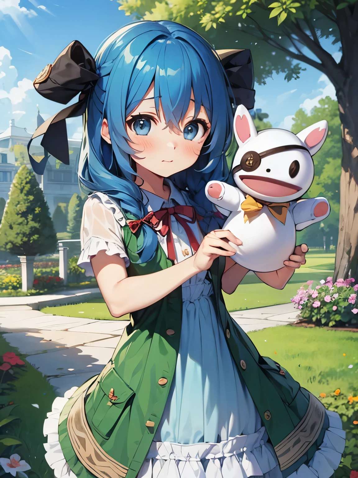 Yoshino Astral Dress、Long Hair、blue eyes、ribbon、Animal Ears、Hair between the eyes、Blue Hair,(Perfect hands),(Perfect Anatomy),(masterpiece),(highest quality),garden,Embarrassed,blush