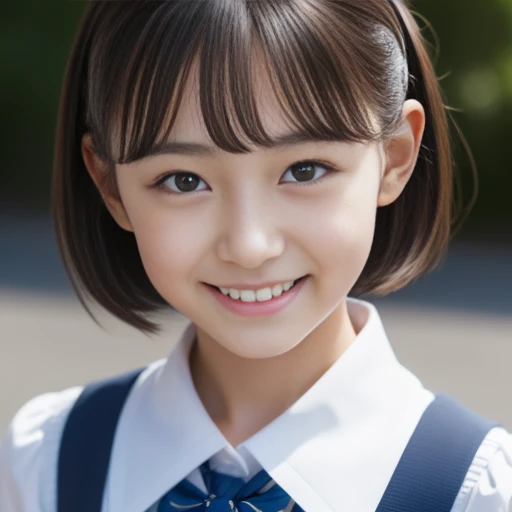 Cute 15 year old Japanese、on the road、Highly detailed face、Pay attention to the details、double eyelid、Beautiful thin nose、Sharp focus:1.2、Beautiful woman:1.4、Cute Hairstyles、Pure white skin、highest quality、masterpiece、Ultra-high resolution、(Realistic:1.4)、Highly detailed and professional lighting、nice smile、Japanese school girl uniform