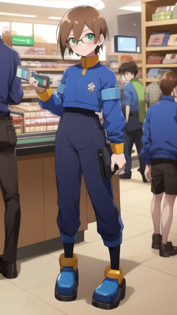 Aile_megamanzx, 1 girl, looking at viewer, Brown hair, green eyes , Market background , Glasses, Cashier Oxxo clothes , full body
