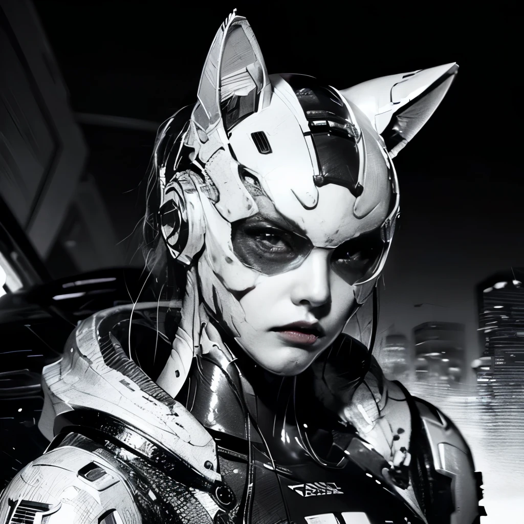 (best quality, highres:1.2),ultra-detailed,(photorealistic:1.37),black and white, SF manga, paneling, onomatopoeia, speed lines, focus lines, cross-hatching, tones, cyberpunk, young and stunningly beautiful female cyborg, mecha, cat ears, action scene