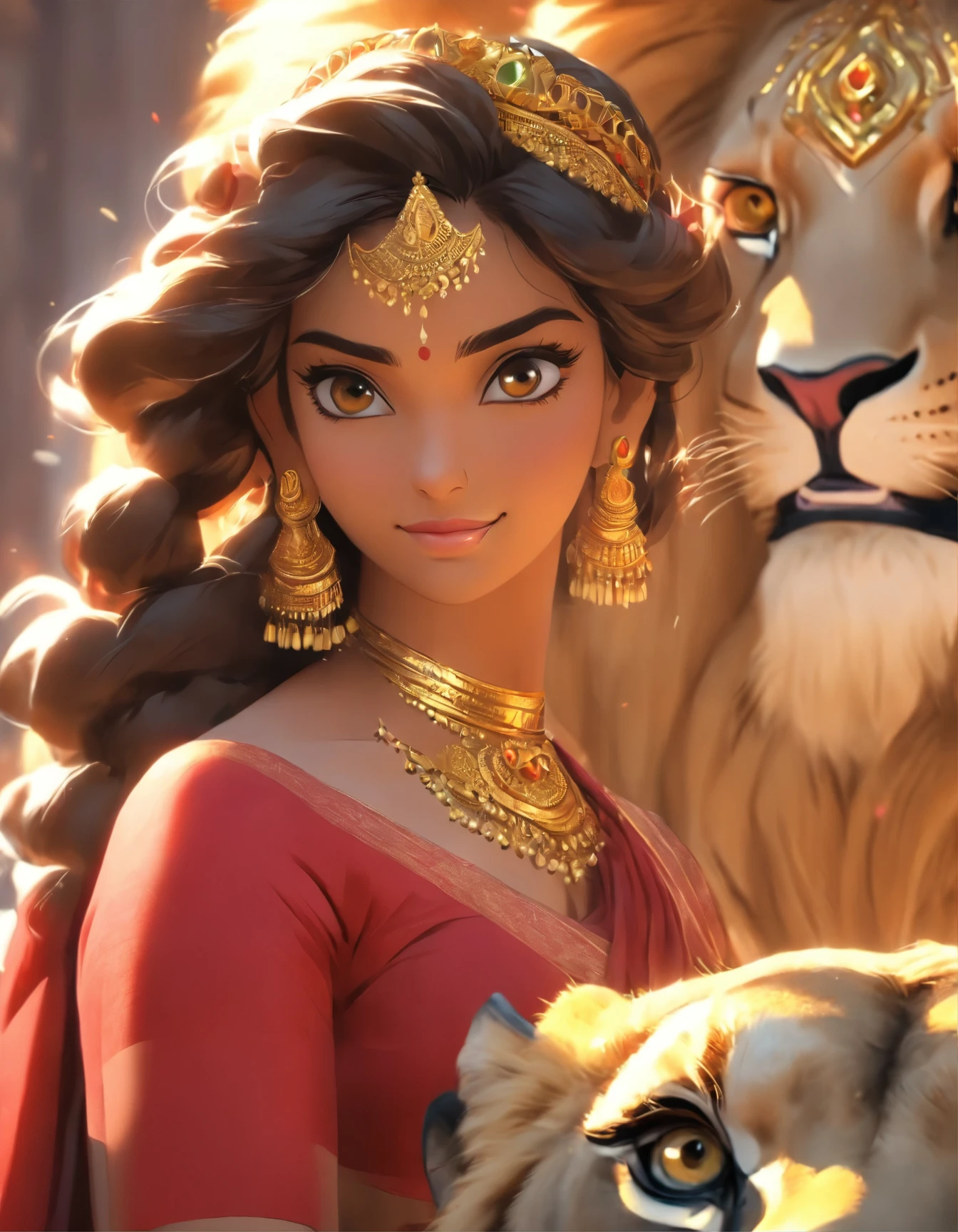 A beautiful south Indian woman (30 yrs old) in red saree with golden border, wearing big golden crown, heavy bridal jewelry,red gold bangles, bindi ,aesthetic yellow blouse, very aesthetic look, (( long black hair ((black hair)) sitting on a huge lion (((lion))), (sitting), uhd, 32k, 16k, res, canon 85 mm, street art, over the shoulder camera view, hyper realistic, unreal engine 5, beautiful representation of art and ai, use vibrant colors, beautiful eyes beautiful face, ((indian woman face)))