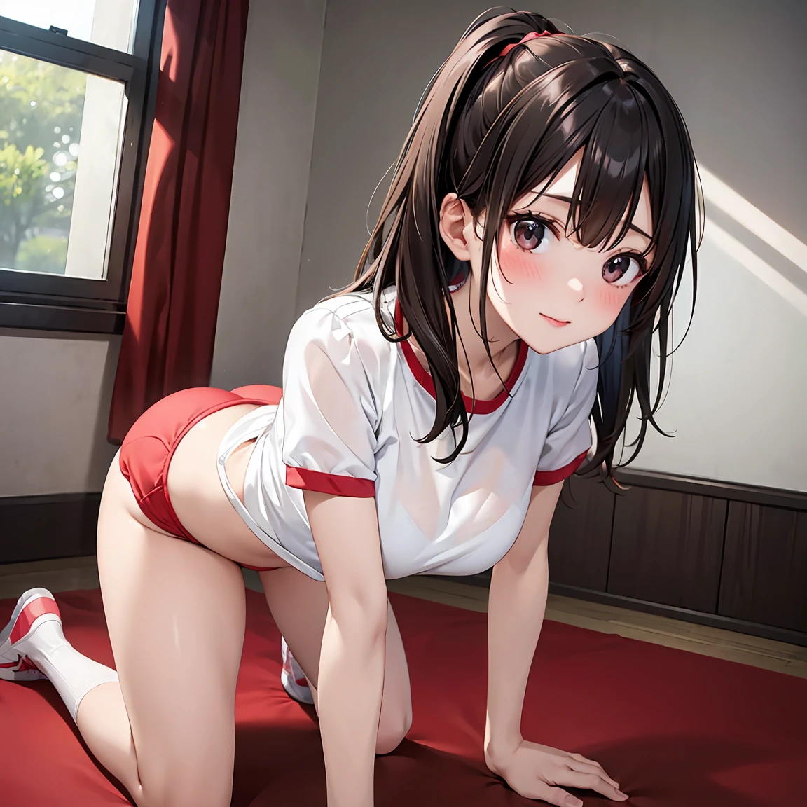 ((On all fours, leaning forward on your elbows)) (While taking off her underwear), Big Breasts, (White gym clothes, Short sleeve, Red Bloomers), There is a cute girl, brm, High-quality facial beauty, Naughty seduction, Private room, Shiny skin, Fine skin, Sexy see-through lingerie, (breast), highest quality, Super detailed, (Ultra-high resolution,8K), Ultra-high definition 4K, Side angle, standing