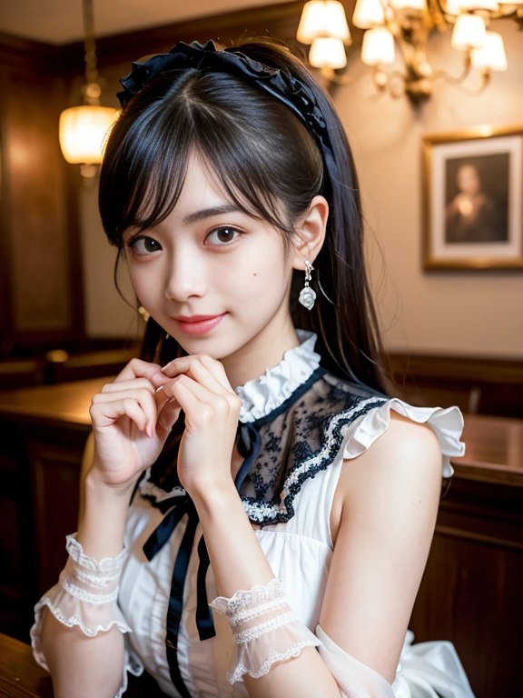 1 nogizaka girl, very cute, bishojo, Age 25, Gothic Lolita Fashion, Delicate and elegant features、Eyes and Skin, Detailed, black, shiny hair, Elegant frills, Frilled tie, Ribbon tie, Rose hair ornament, Smiling at the camera, Lesbians all over, (Inside the cafe), Professional Lighting, break, (Realistic, Realistic:1.37), 8k, (masterpiece), (highest quality:1.4), (Ultra-high resolution:1.2), (RAW Photos:1.2), (Delicate lace dress, Soft fabric, Beautiful rose pattern), Perfect Anatomy, Four fingers and thumb, Highly detailed background, (unity 8k wallpaper)、((freckles、No makeup))、Earrings