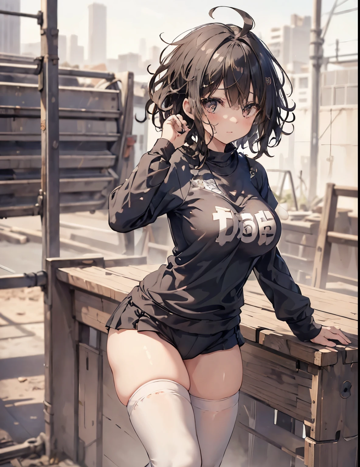 masterpiece, 1girl, sparrow, a black haired girl, wearing a volley uniform, curly short hair, messy hair, slim body, he close her left eye, shirt ornament, ruby eyes, ahoge, , big breast, beautiful breasts, rounded breasts, long sleeves, beautiful eyes, white stocking, droopy eyes, her age is 19 years old, field, lovely face, kuudere, curly hair, volley_uniform, bloomers