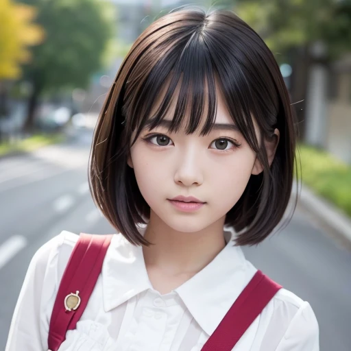 Cute 15 year old Japanese、on the road、Highly detailed face、Pay attention to the details、double eyelid、Beautiful thin nose、Sharp focus:1.2、Beautiful woman:1.4、Cute Hairstyles、Pure white skin、highest quality、masterpiece、Ultra-high resolution、(Realistic:1.4)、Highly detailed and professional lighting、nice smile、Japanese school girl uniform