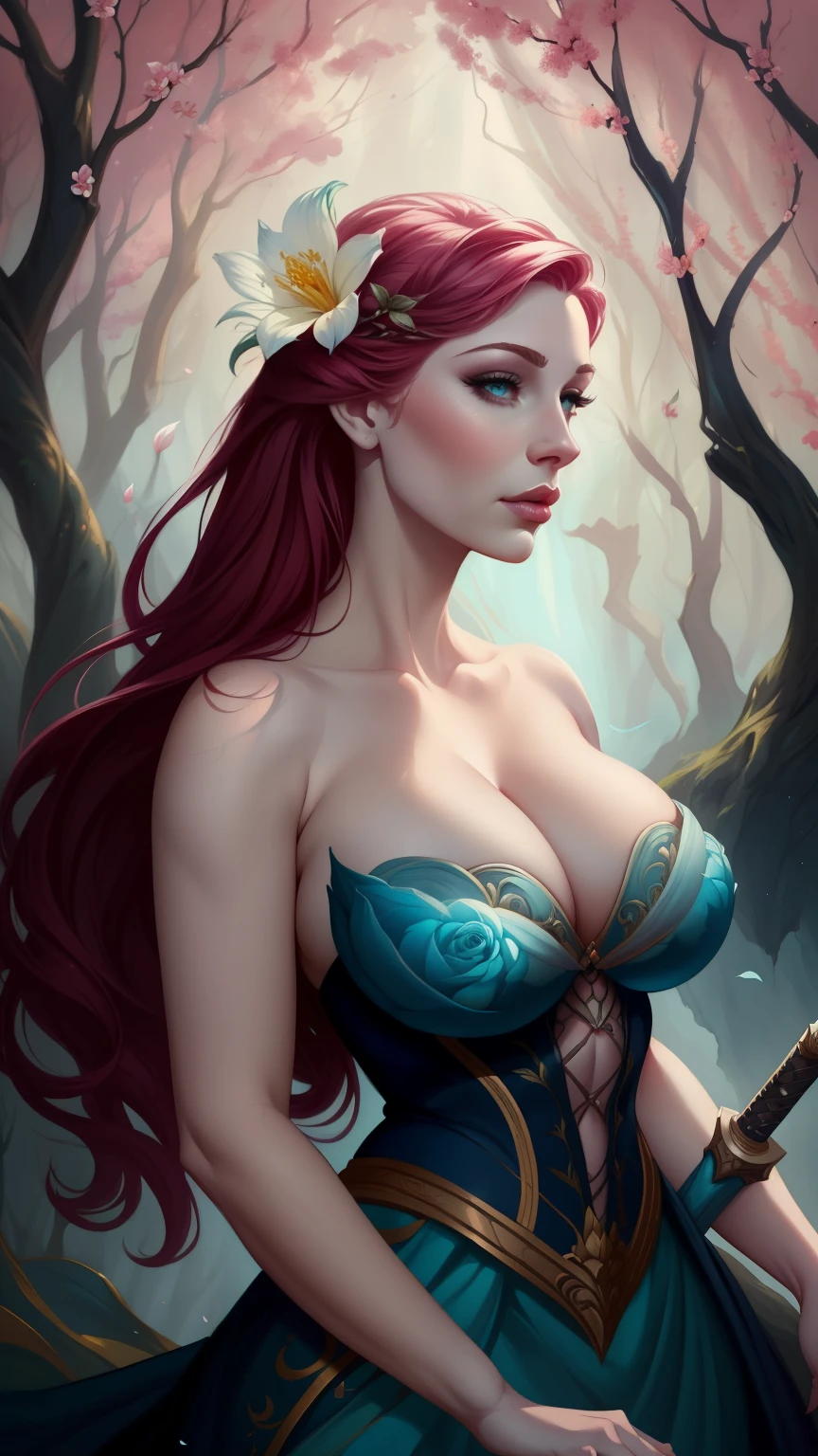 there is a woman with a sword and a flower in her hair, a digital painting inspired by rossdraws, Artstation contest winner, fantasy art, neoartcore and charlie bowater, rossdraws 1. 0, rossdraws digital painting, rossdraws 2. 0, rossdraws portrait, beautiful character painting, detailed painting 4 k, charlie bowater art style