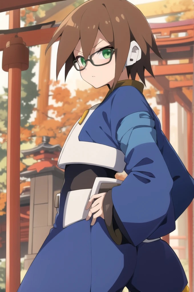 Aile_megamanzx, 1 girl, looking at viewer, Brown hair, green eyes ,Japanense Temple background , Glasses, Kaiba clothes