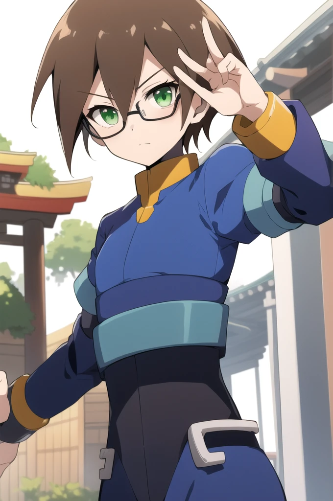Aile_megamanzx, 1 girl, looking at viewer, Brown hair, green eyes ,Japanense Temple background , Glasses, Kaiba clothes