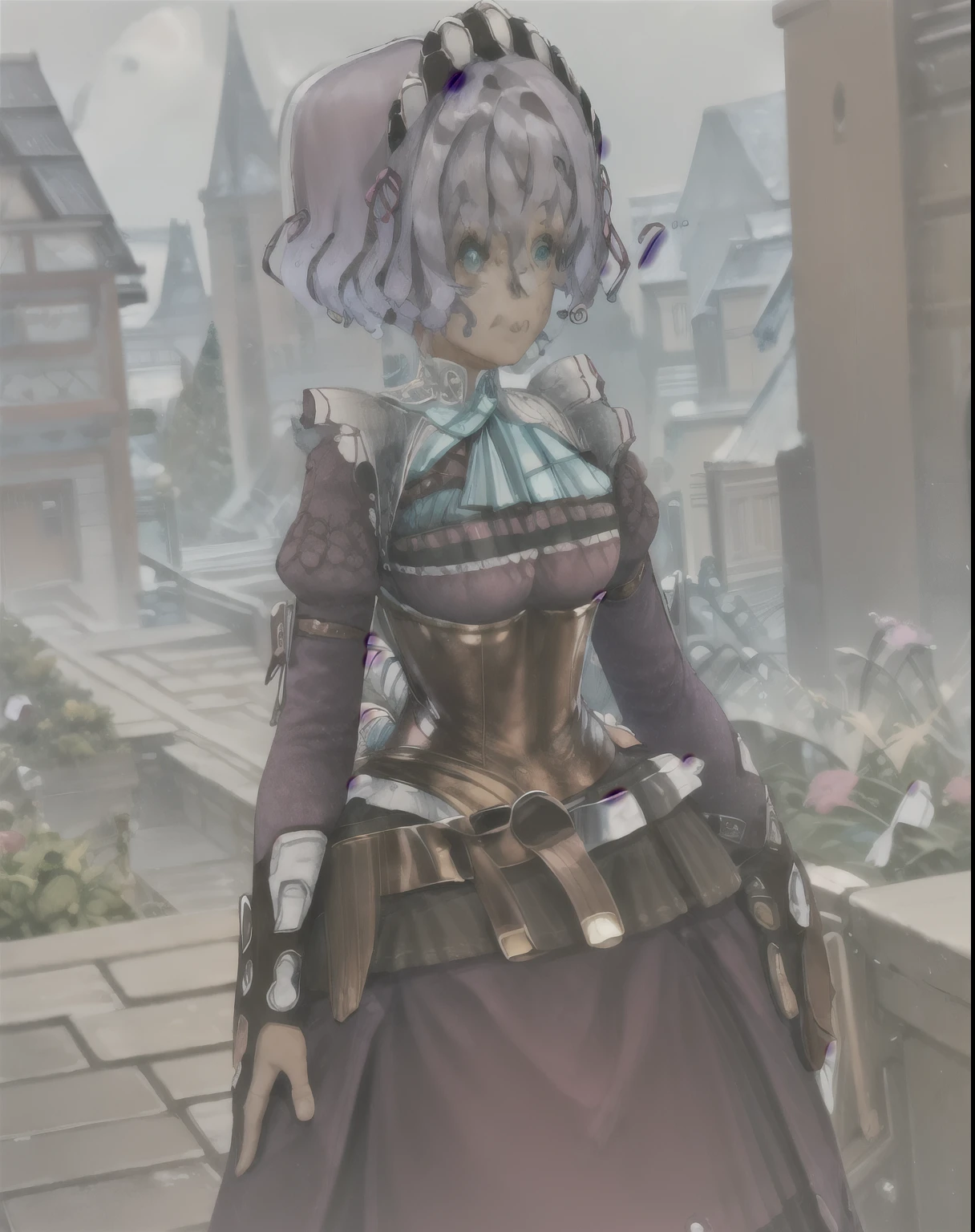 highest quality, (masterpiece:1.2), figure, Absurd,
(One girl, alone), (Beautiful detailed girl), (Upper Body, Portraiture),,
Sharon Kreuger, Lavender colored hair, short hair, Aqua Eye, Medium chest,
Maid&#39;s Headdress, burgundy maid outfit, Long skirt, Frills, Brown boots,
medieval farming village, farm, cloud, null,
View Viewer, tits，Sex