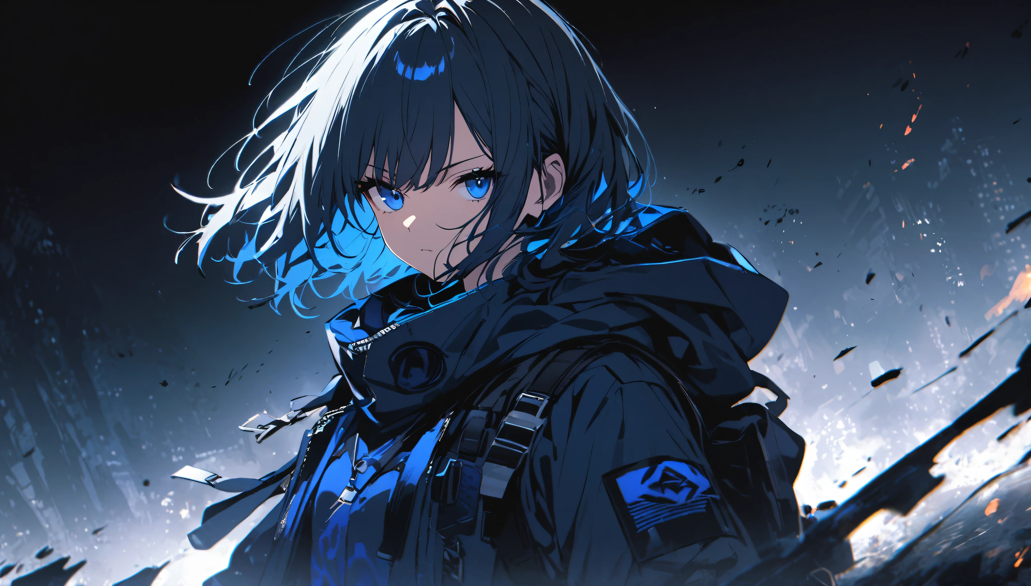girl,cool, 1 person, Dark atmosphere, Blue stylish background, Dark atmosphere