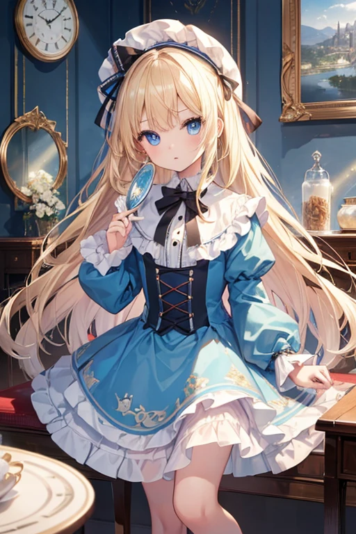 (8k, highest quality, Tabletop:1.2)、Ultra-high resolution、 girl, Detailed face、blue eyes, blonde, Long Hair, Alice in Wonderland, Big Clock、Large mirror