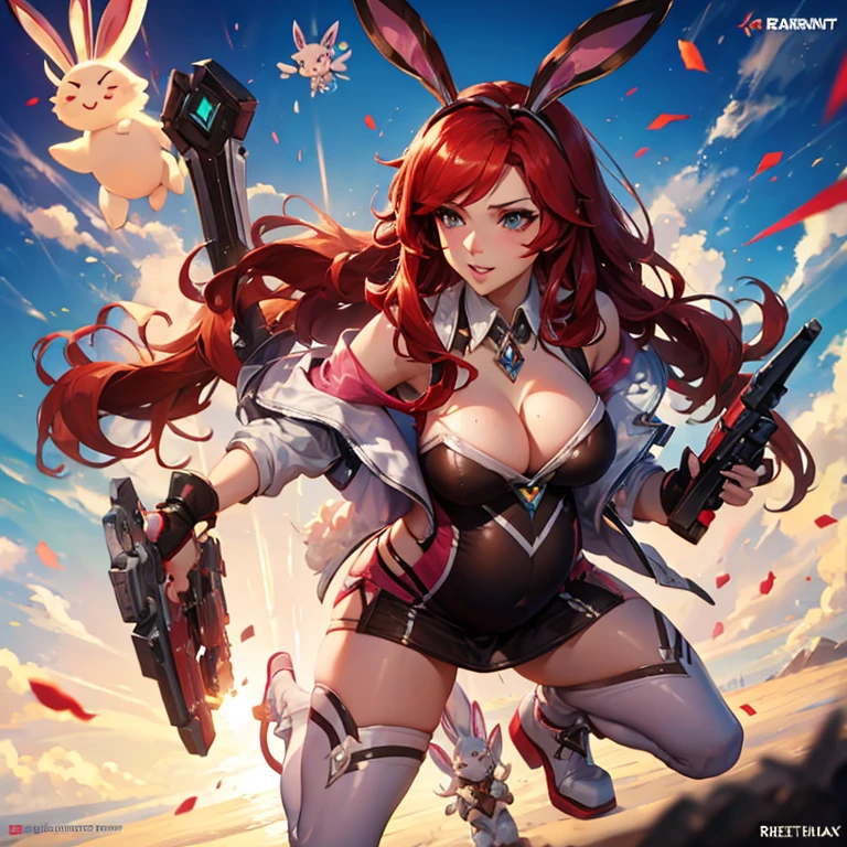 pregnant battle bunny miss Fortune, tight dress, red hair, cleavage, wants to have sex with me