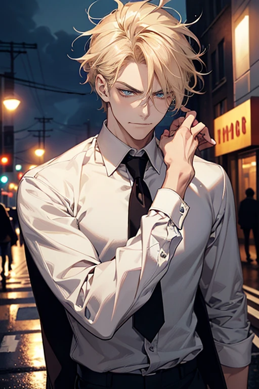 (tmasterpiece, high resolution, ultra - detailed:1.0), (1 boy, Young male, masculine face), Perfect male body, tall and strong, Adult male, Delicate eyes and delicate face, Extremely detailed CG, Unity 8k wallpaper, Complicated details, Detailed face, (blond hair, messy hair, serious faces, white shirts,Bad students), (frown,evil smile:1.3), Outdoor, (Street at night), street style, color difference, Depth of field, dramatic shadow, Ray tracing, Best quality, Cinematic lighting, offcial art,Portrait