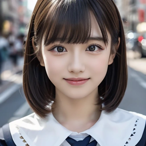 Cute 15 year old Japanese、on the road、Highly detailed face、Pay attention to the details、double eyelid、Beautiful thin nose、Sharp focus:1.2、Beautiful woman:1.4、Cute Hairstyles、Pure white skin、highest quality、masterpiece、Ultra-high resolution、(Realistic:1.4)、Highly detailed and professional lighting、nice smile、Japanese school girl uniform