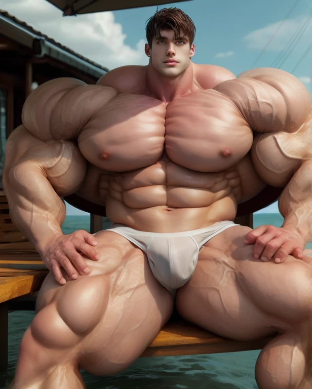 1 men, giant, buzz haircut, model shoot style, looking at camera, seated down, cool ambience, outdoor, commercial photoshoot, large ocean, strong body, bulk, naked, white triangular wet underwear, prominent bulge trunks, big, brutalmass, giant, muscular body, bulk, massive body, large meaty body size, brown skin, huge arms, ballooning meaty chests