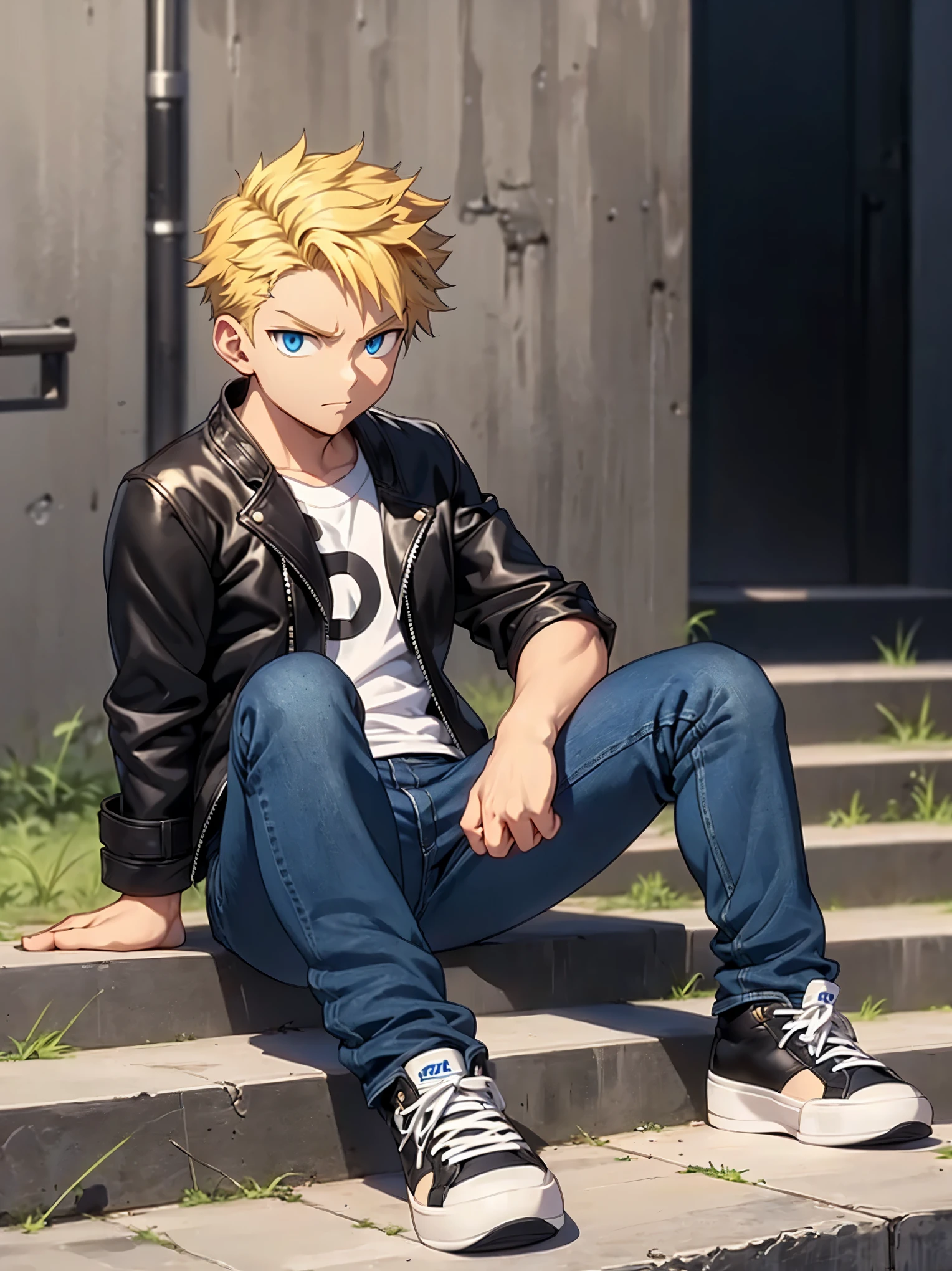 1 boy,Bad mood,Blonde,sharp eyes,blue eyes,Black leather jacket,jeans,sneakers,sitting on stairs,Concrete wall,(detailed eyes),detailed skin,(masterpiece,best quality:1.4),Top Quality,High quality,Ultra detailed,insanely detailed,anime style