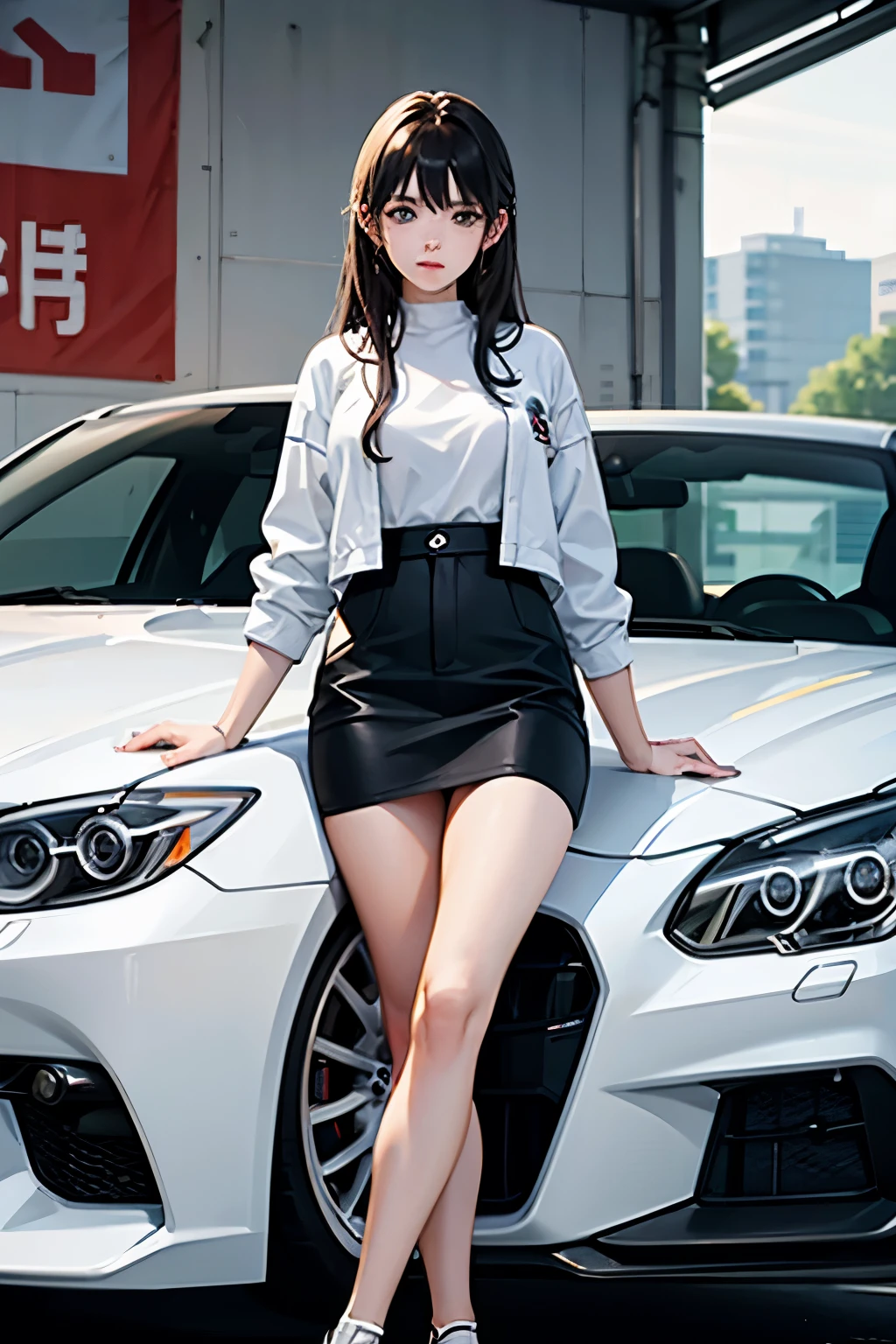 20-year-old woman working in a car repair shop、White britting clothes、sports car on the background