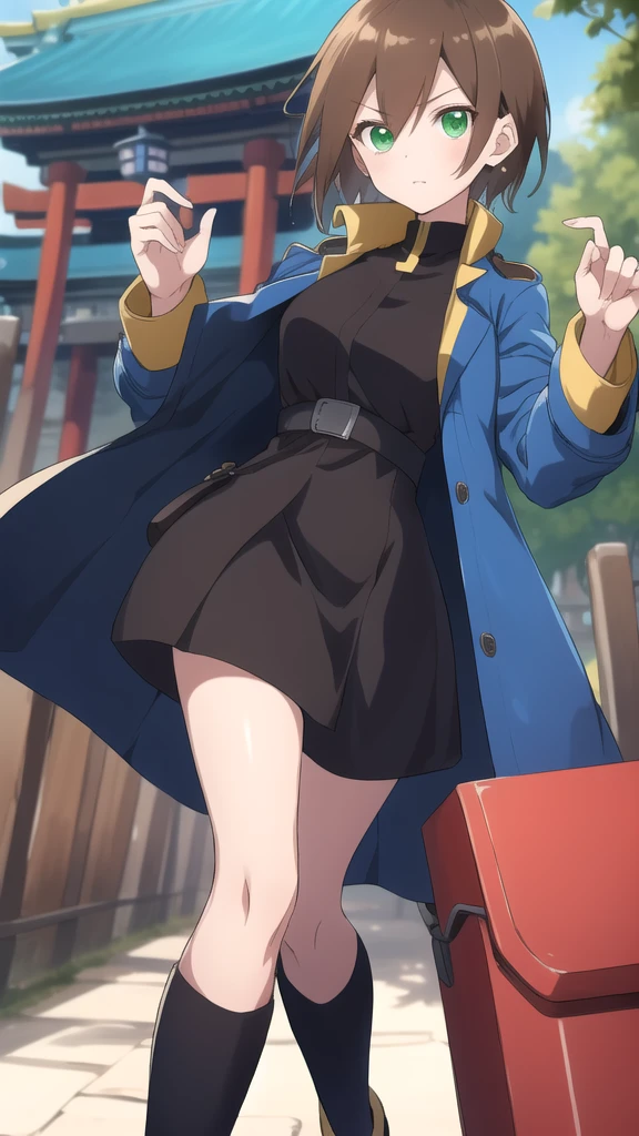 Aile_megamanzx, 1 girl, looking at viewer, Brown hair, green eyes ,Japanense Temple background , Dress and trench coat dress