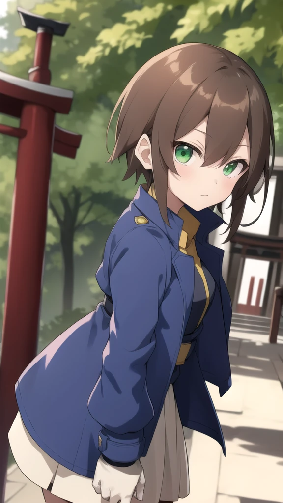 Aile_megamanzx, 1 girl, looking at viewer, Brown hair, green eyes ,Japanense Temple background , Dress and trench coat dress